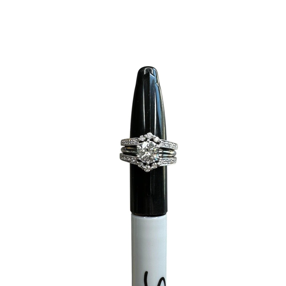 1.03CT Round Diamond Engagement Ring Set | G VS2 | Platinum 3-Piece Bridal Set - Picture 5 of 16